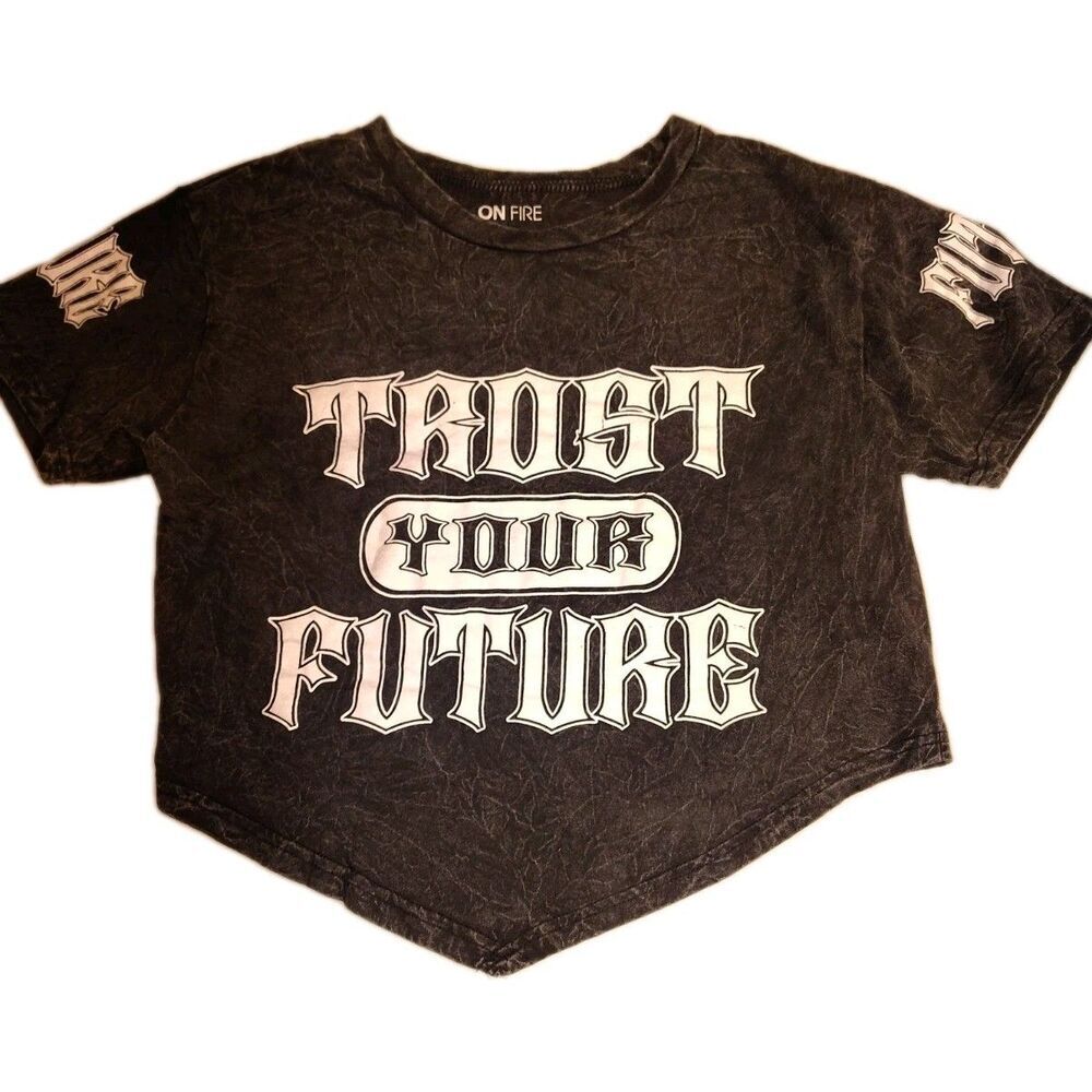 On Fire "Trust Your Future" Graphic Crop Top Shirt Black Acid Wash Large...